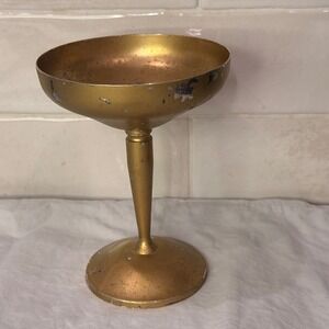 Vintage Roma SL Spain Brass Tone Metal Pedestal Compote Bowl Dish Distressed